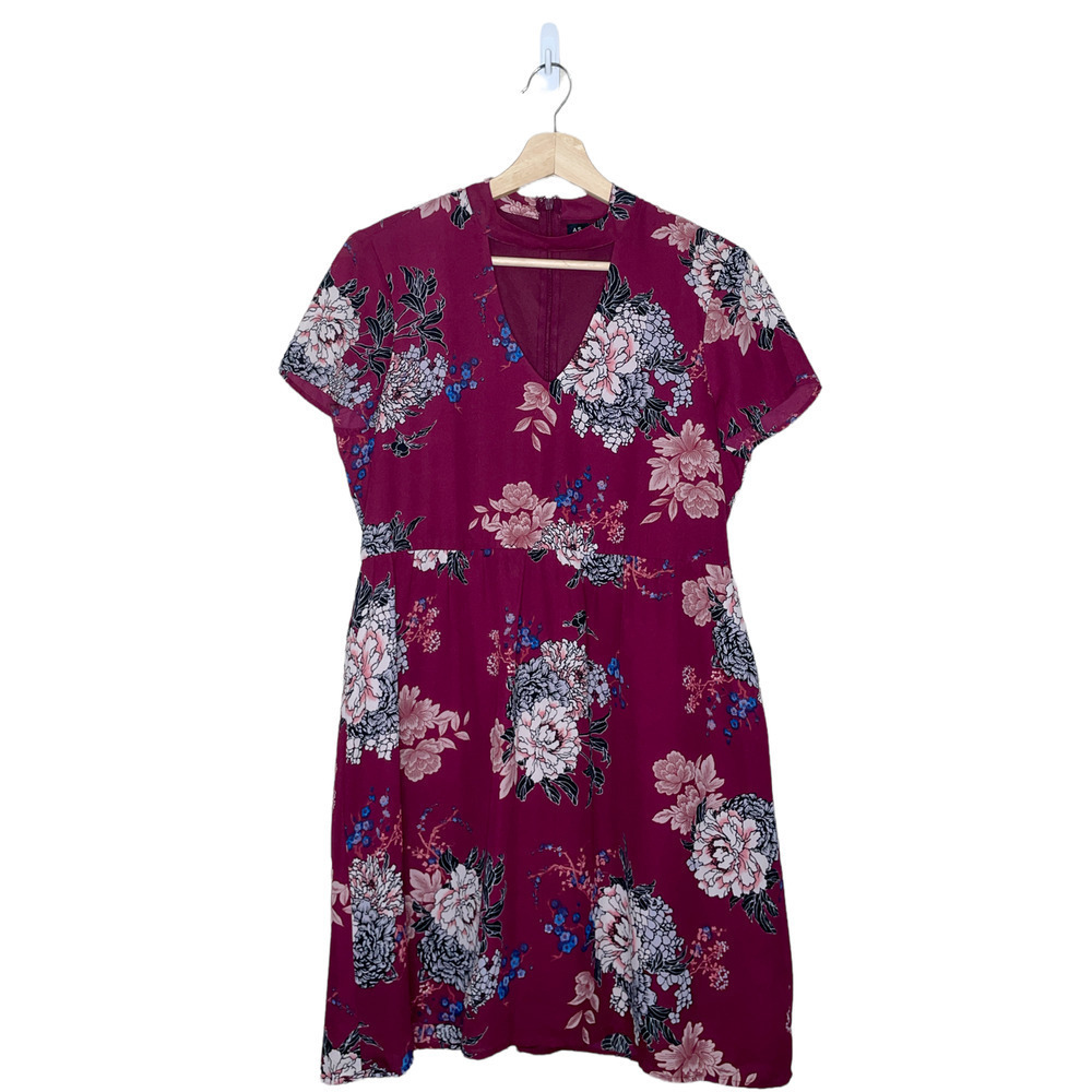 AS U Wish Floral Dress Womens Small S  Maroon Print Round Neck‎ Cutout Pleated